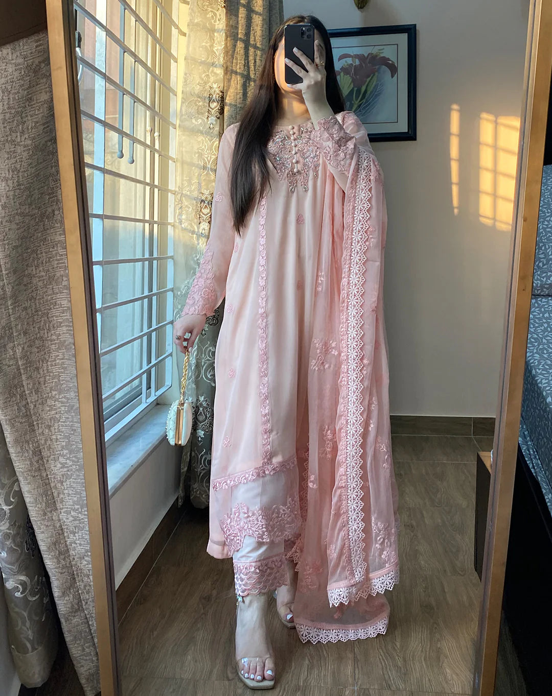 3 Piece Chiffon Embroidered - Whisper Pink