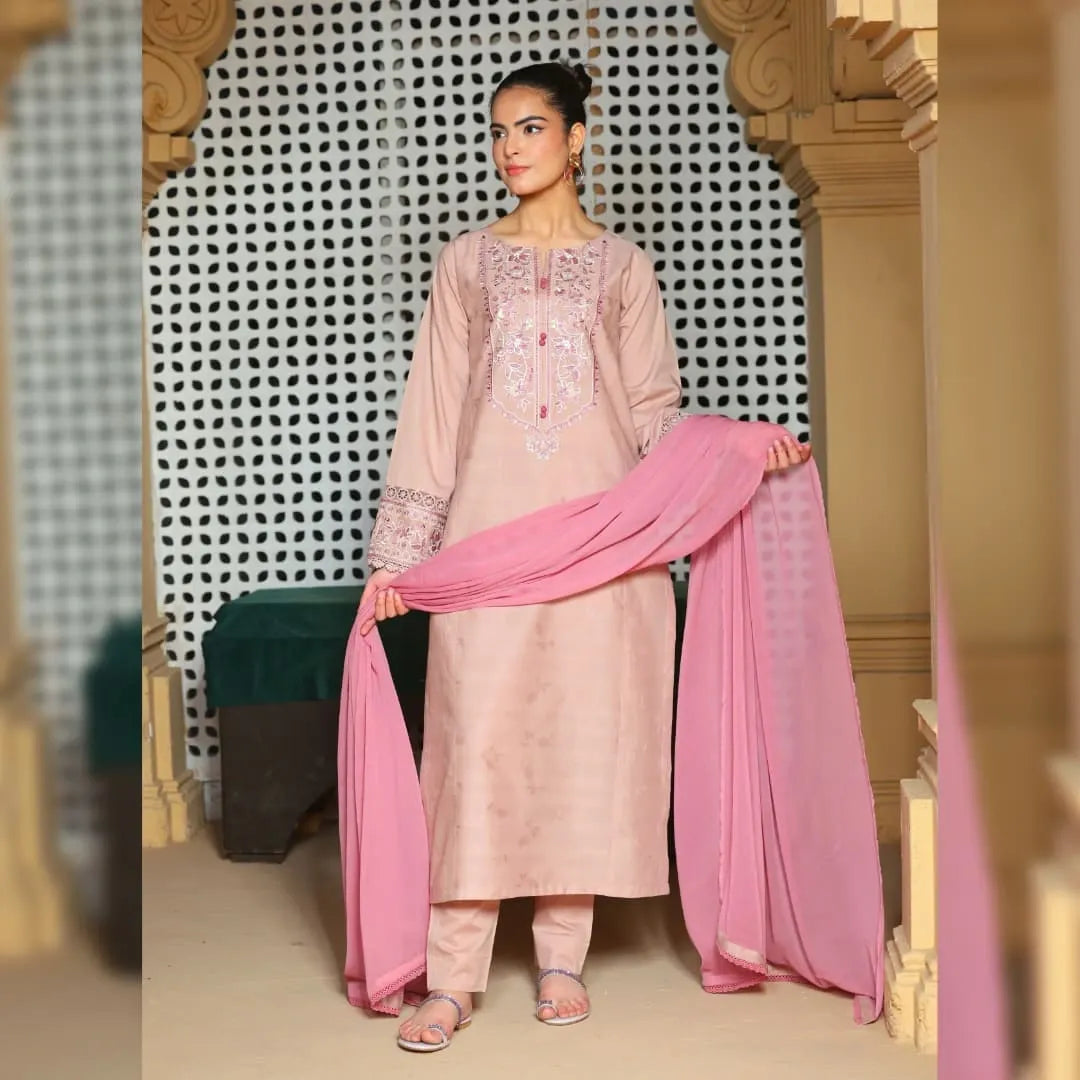 Self Pink Embroidered 3PC