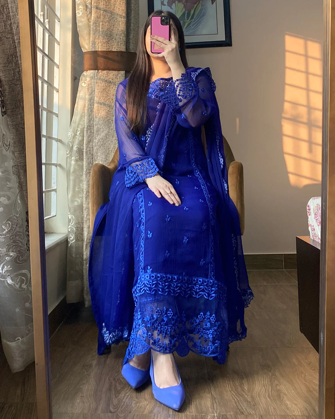 3 Piece Chiffon Embroidered Dress - Navy Delight