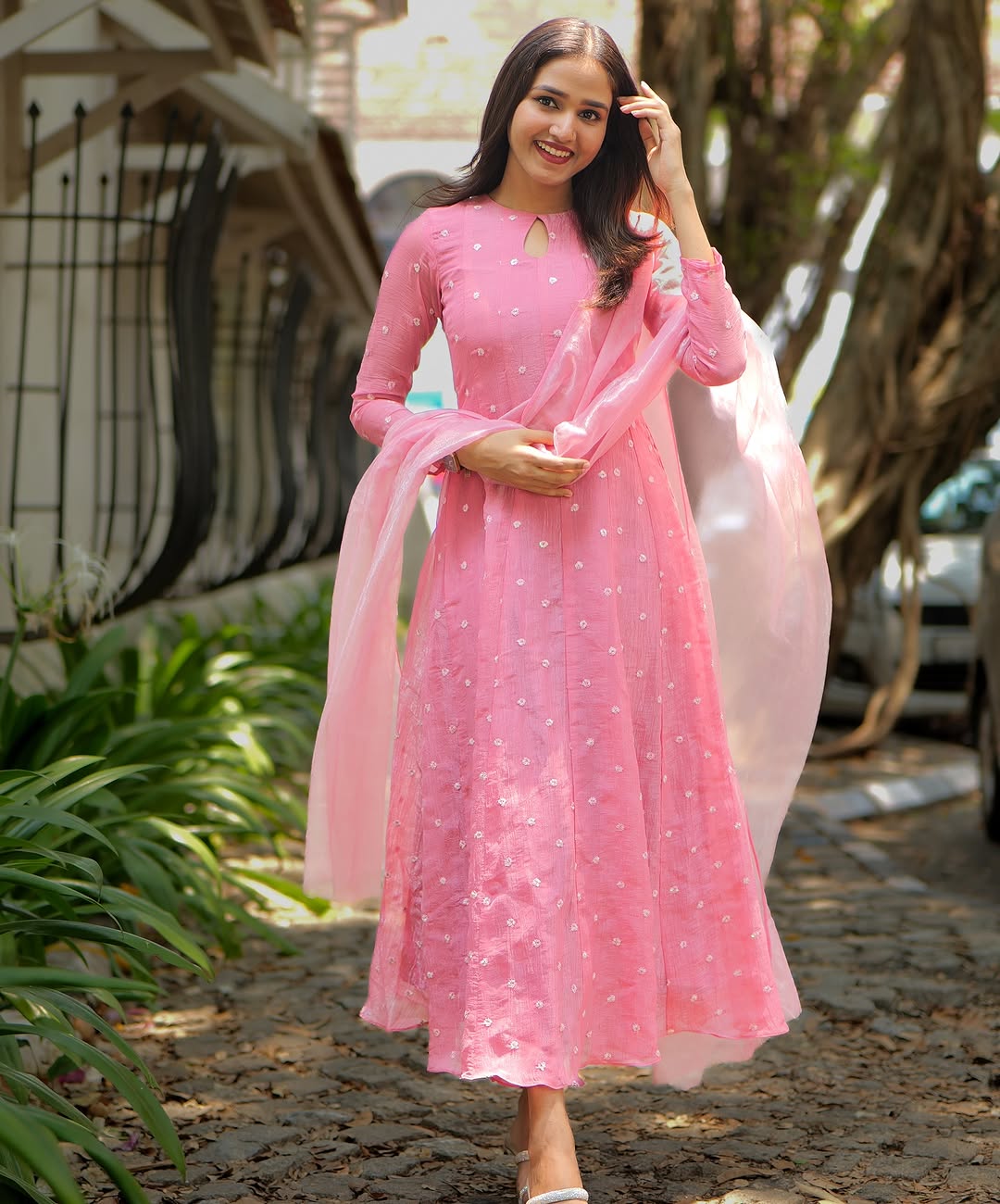 Beautiful Pink Tafeta Silk Kali Cut Maxi